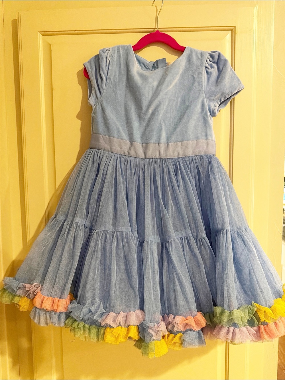 Mini Boden Light Blue Tulle Tiered Party Dress with Rainbow Ruffle Hem